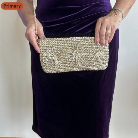 El Yapımı Metalik Altın Örgü Clutch | Zarif ve Işıltılı Gece Çantası