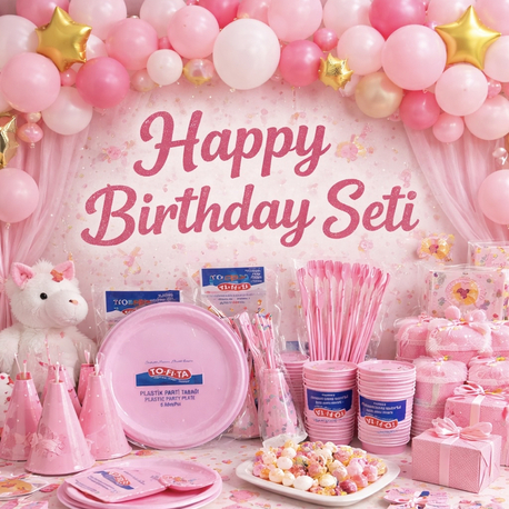12 Kişilik Pembe Doğum Günü Parti Seti – Tabak Bardak Çatal Kaşık Full Set