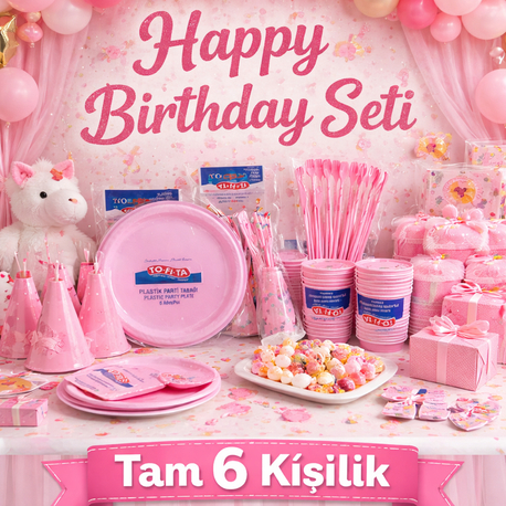 6 Kişilik Pembe Doğum Günü Parti Seti – Tabak Bardak Çatal Kaşık Full Set