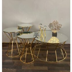 Kum Saati Zigon Sehpa ve Orta Sehpa Takımı Gold Metal Bronz Ayna