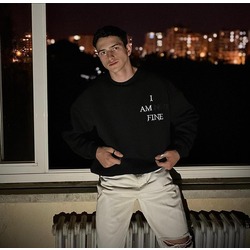 Siyah I Am Fine Baskılı Oversize Unisex Sweatshirt
