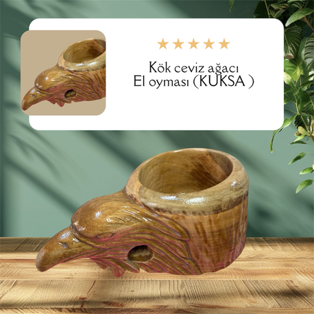 Ahşap El oyması Kartal figürlü KUKSA bardak.