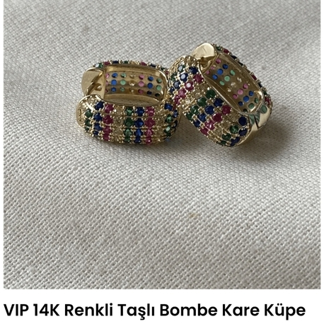 Xupink VIP 14K Renkli Taşlı Bombe Kare Küpe