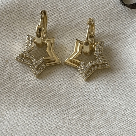 VIP 14K Taşlı Çift Yıldız Charmlı Küpe
