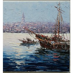 Boğazda Tekneler.İstanbul.Boat in the Bosphorus. By İvriz Koç. Oilpainting.Size 30x30cm 