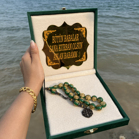 Altın varaklı zümrüt yeşili Tesbih set 
