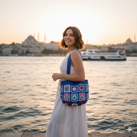 Mavi örgü çanta, astarlı 