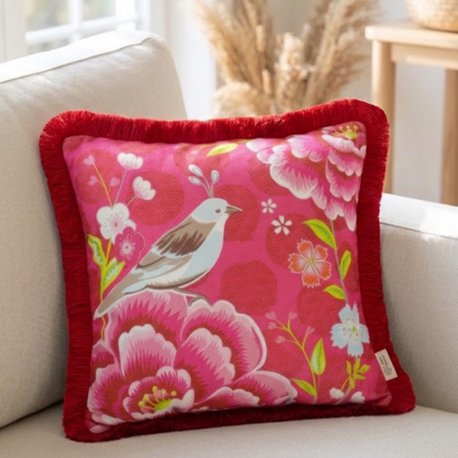 Kırmızı Püsküllü, Pink Bird Theme Desen 43x43cm Kare Kırlent Kılıfı