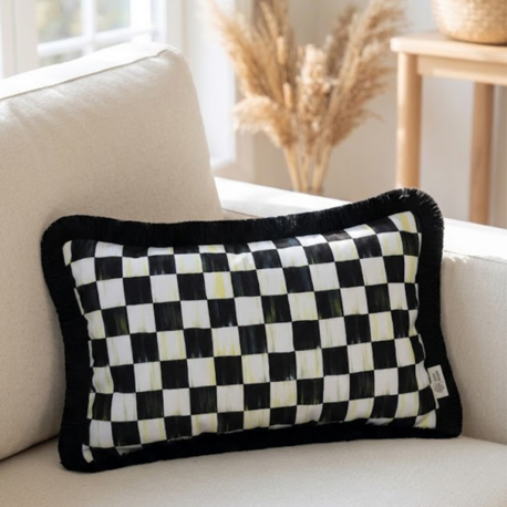 Siyah Püsküllü, Dama Desen 30x50cm Dikdörtgen Kırlent Kılıfı