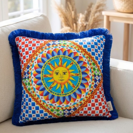 Saks Püsküllü, Güneş Desen 43x43cm Kare Kırlent Kılıfı
