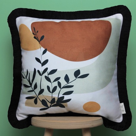 Siyah Püsküllü, Soft Ethnic 01 Desen, 43x43cm Kare Kırlent Kılıfı