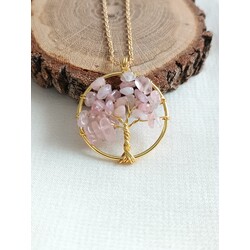 Pembe Kuvars Taşı Doğal Taş Hayat Ağacı Kolye