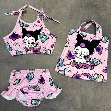 Kız Çocuk Kuromi Çantalı 3 parça Mayo Bikini Yazlık