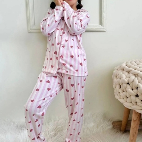 kız çocuk kalpli düğmeli uzun kollu pijama takımı 