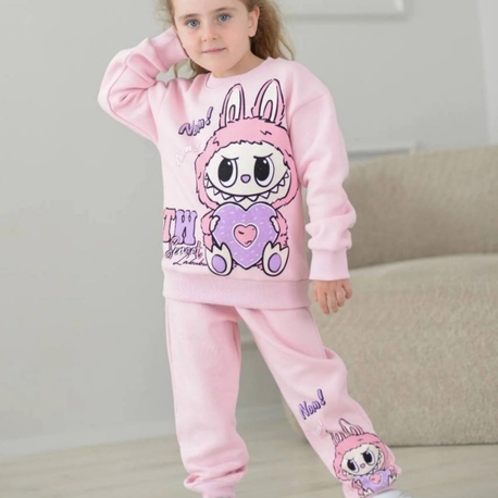 kız çocuk stitch pembe üç iplik şardonlu takım 