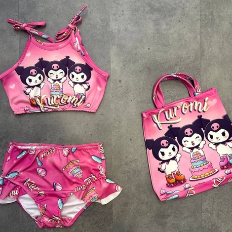 Kız Çocuk Kuromi Çantalı Üç Parça Mayo Bikini Yazlık
