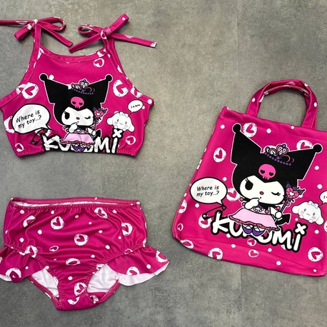 Kız Çocuk Kuromi Çantalı Üç Parça Mayo Bikini Yazlık