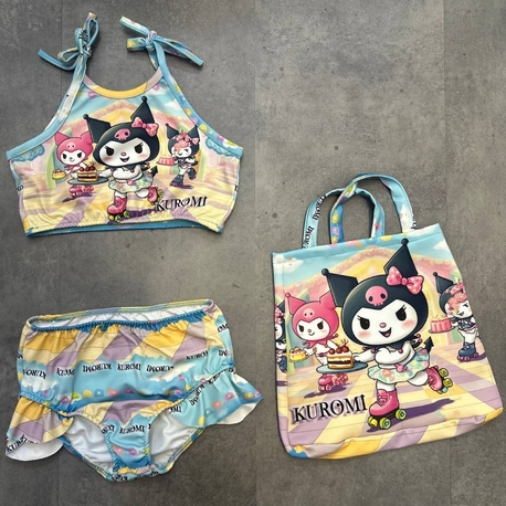 Kız Çocuk Kuromi Çantalı Üç Parça Mayo Bikini Yazlık