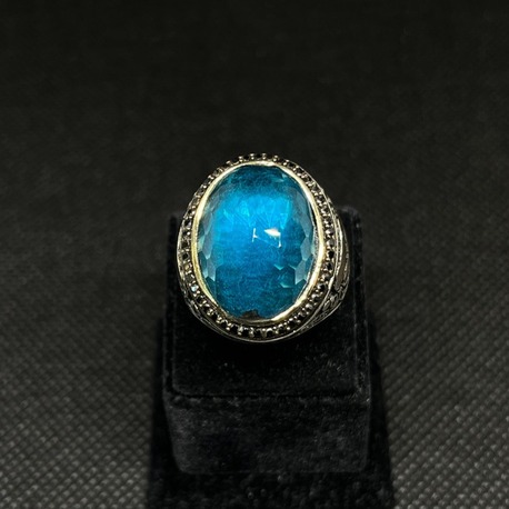 925 Ayar Gümüş Yüzük – Aqua Taşlı, Bronz Detaylı El İşçiliği Model