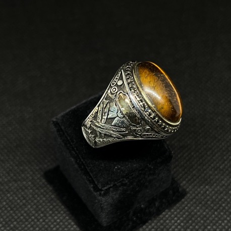 925 Ayar Gümüş Yüzük – Kaplan Gözü (Tiger Eye) Taşlı, Bronz Detaylı