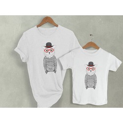 Baykuş Figürlü Tasarım Baba & Çocuk Kombin Tshirt
