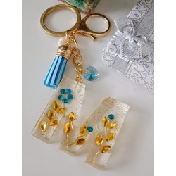 Mavi Kristal Swarovski Taşlı Çiçek Epoksi Anahtarlık