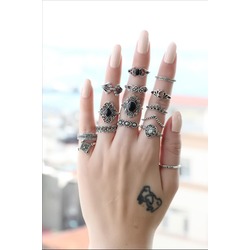 Gümüş Renk Siyah Taşlı Metal Otantik 15li Yüzük Seti