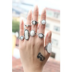 Beyaz Taşlı Metal 8li Yüzük Seti