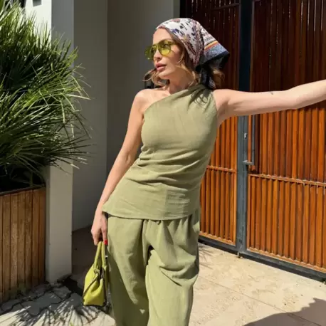 Kadın Keten Asimetrik Tek Omuzlu Bluz Pantalon Takım- Su Yeşili