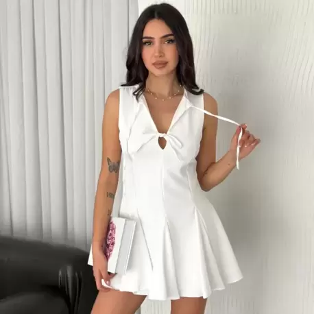 Göğüs Bağlamalı Kolsuz Mini Boy Elbise - Beyaz