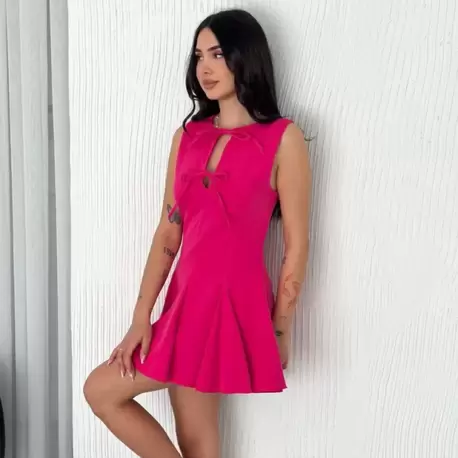 Göğüs Bağlamalı Kolsuz Mini Boy Elbise - Pembe