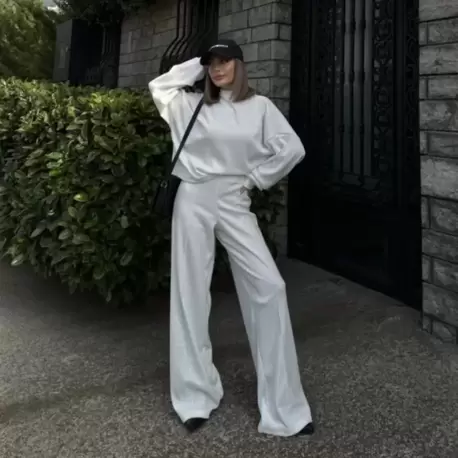 Crop, Pantolon Fitilli İkili Takım -Beyaz