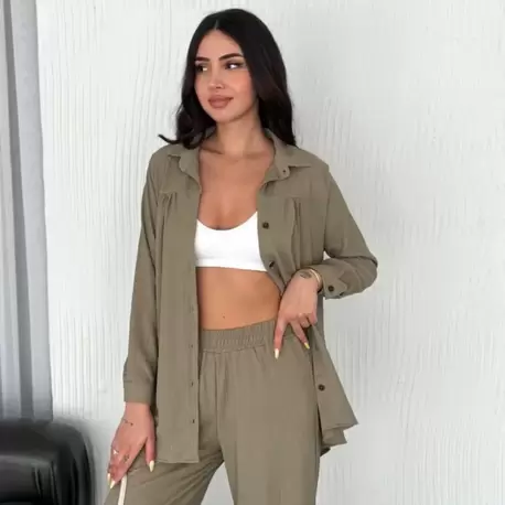 Yakalı Düğmeli Uzun Kollu Gömlek Pantolon ikili Takım - Bej