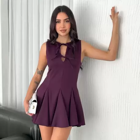 Göğüs Bağlamalı Kolsuz Mini Boy Elbise - Gül Kurusu