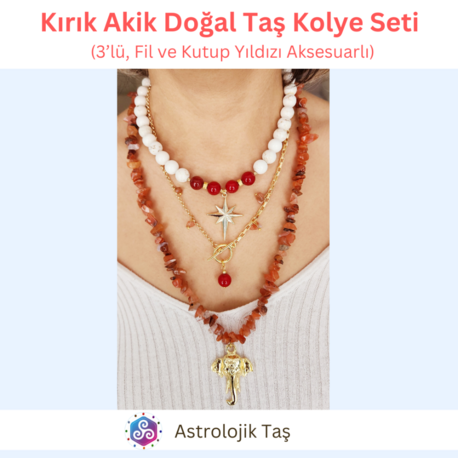 Kırık Akik Doğal Taş Kolye Seti (3’lü, Fil ve Kutup Yıldızı Aksesuarlı)