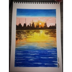 şehirde gün batımı suluboya 
