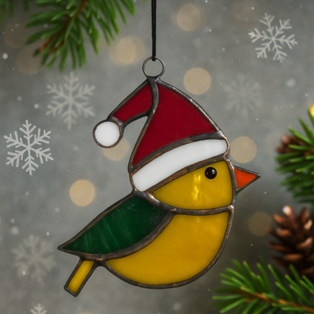 El Yapımı Vitray Kuş Yılbaşı Süsü (Noel Şapkalı)