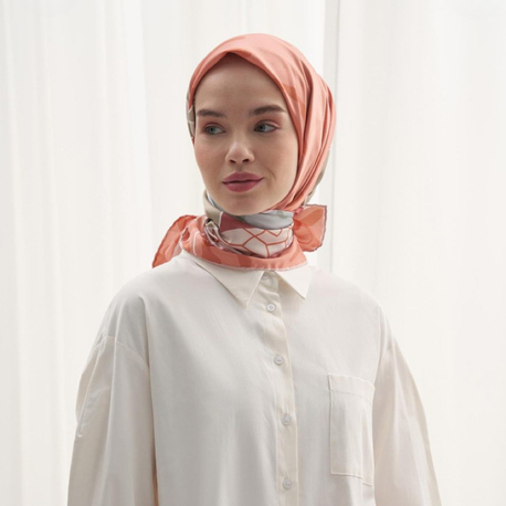 Twill Dokuma Pamuk İpek Delly Flowers Desen Eşarp - Somon 