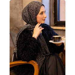 Çiçek Desen Osmanlı Motif Pamuk İpek Şal - Gri/Antrasit 