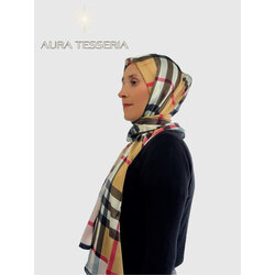 Lux İthal Marka %100 Vual İpek Şal - Siyah/Bej 