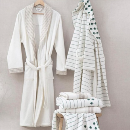 Ecocotton Imre Bej-Yeşil "m-L" Organik Pamuk Müslin Jakarlı Aile Bornoz Seti