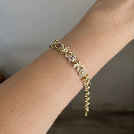 Renkli taşlı fiyonk model 14k gold rengi bileklik