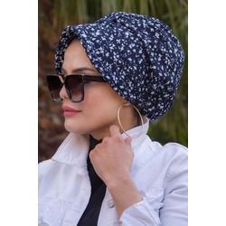Lacivert Beyaz Çiçekli Fularsız Şapka Bone