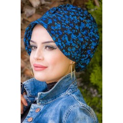 Siyah Mavi Çiçekli Fularsız Şapka Bone 