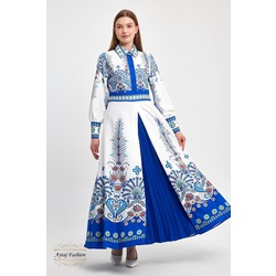 çiçekli tesettür elbise, özgün tarz, manşetli kollar - Saks