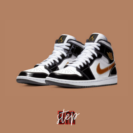 Air Jordan 1 Mid SE Patent Black Metallic Gold White