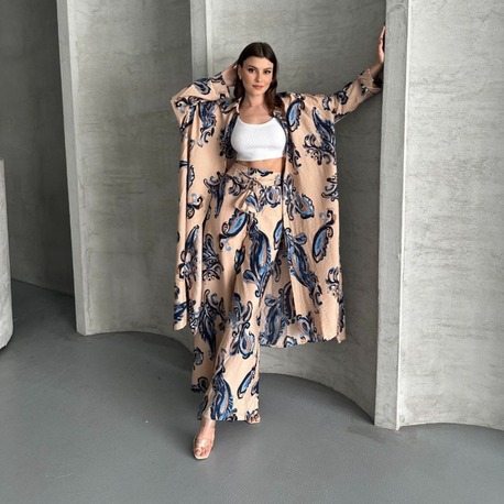 Bej Desenli Kimono Takım