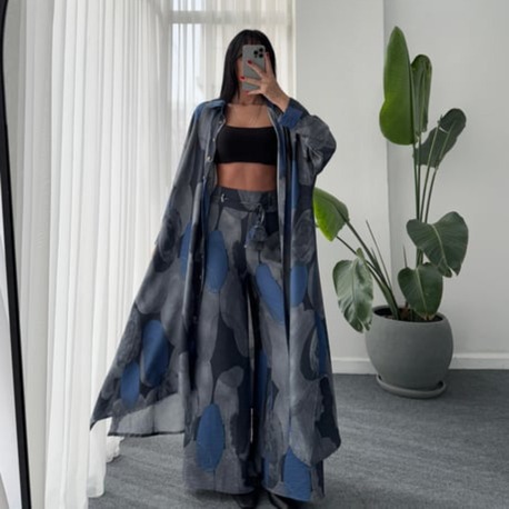 Desenli Kimono Lacivert Takım 