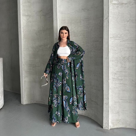 Yeşil Desenli Kimono Takım