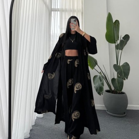 Gold Desen Siyah Kimono Takım